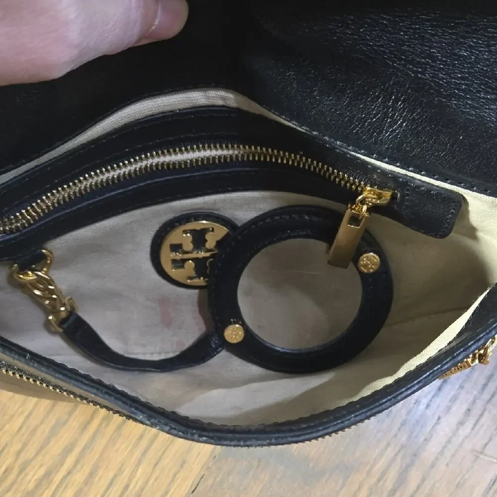Tory Burch Black Leather Clutch with Gold Crossbody Chain - Picture 5 of 13